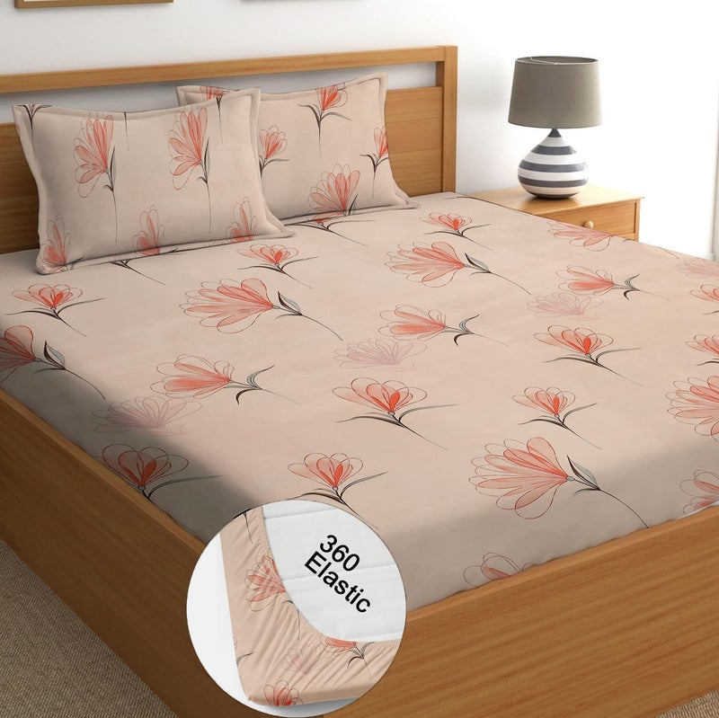 STARNSTYLE 100% Cotton Super Soft 240 Thread Count Elastic Fitted King Size Bedsheet with 2 Pillow Covers - Floral Design - Image 1